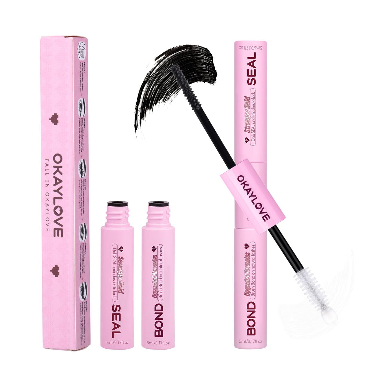 OKAYLOVE Lash Cluster Glue Bond bottles provide long-lasting hold with dual-ended design.