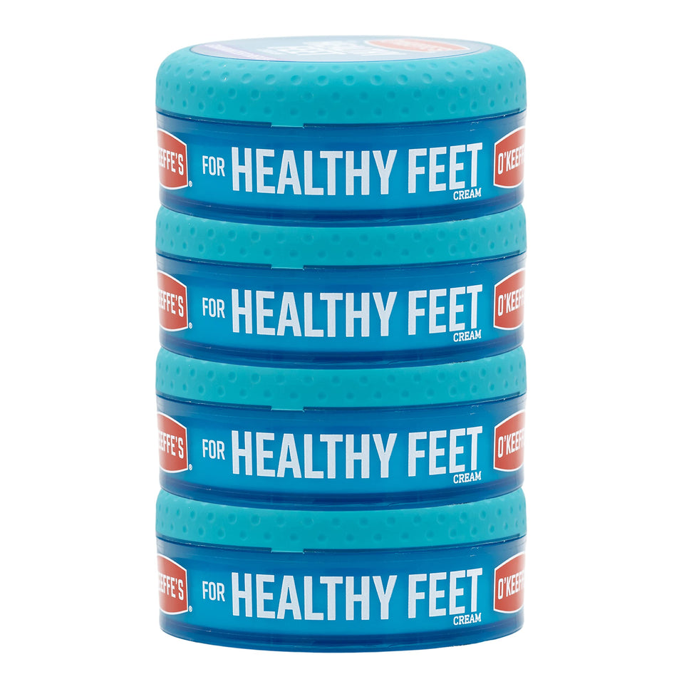 O'Keeffe's Healthy Feet four-pack shown for convenient home foot care.