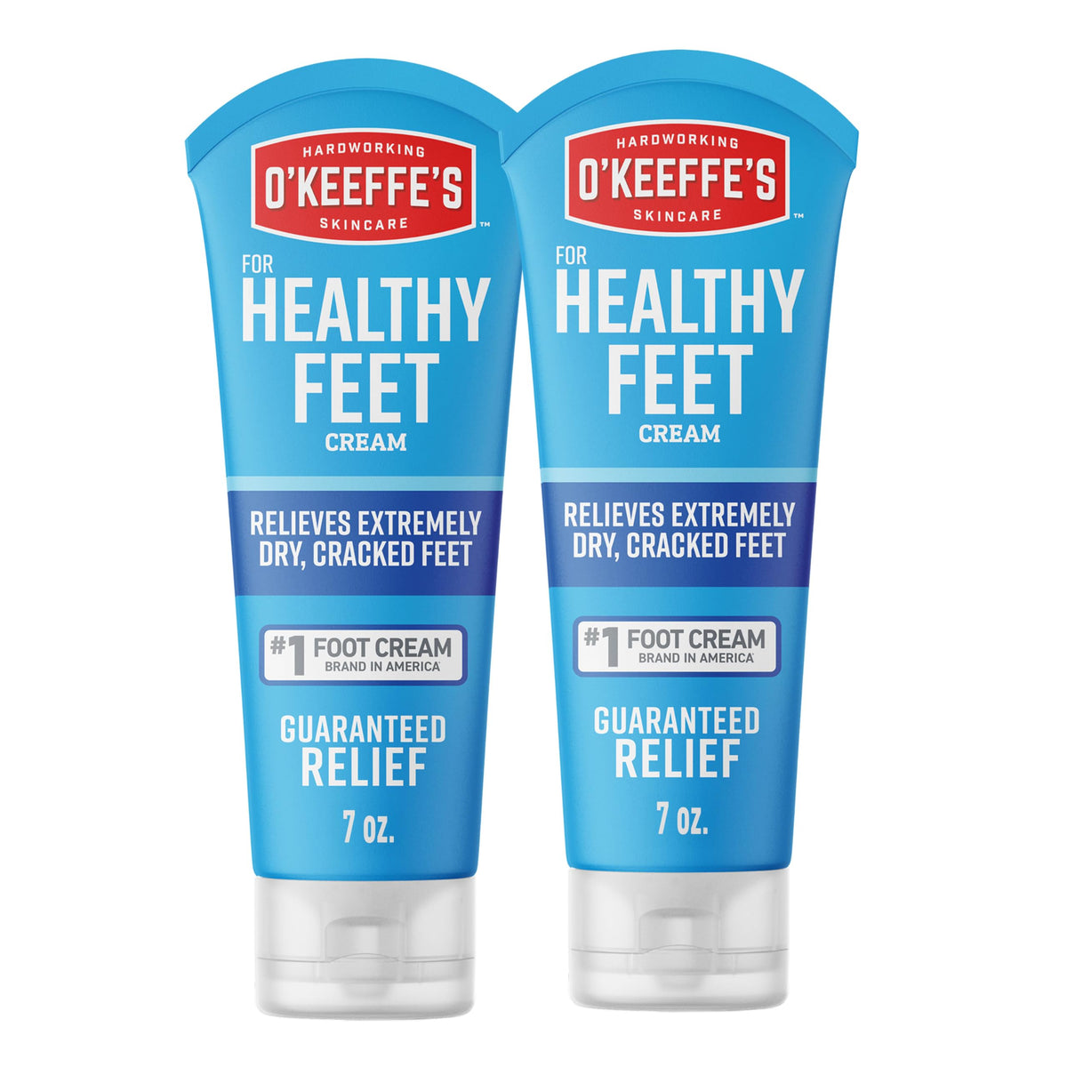 O'Keeffe's Healthy Feet foot cream tube closeup demonstrates concentrated moisture for dry feet.