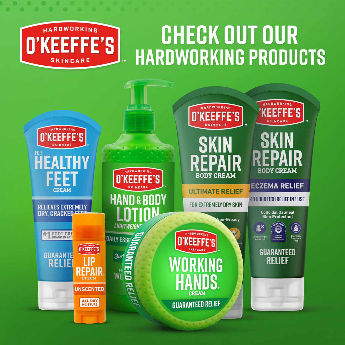 O'Keeffe's Working Hands Pain Relief Cream box and tube showcase accessible skin support.