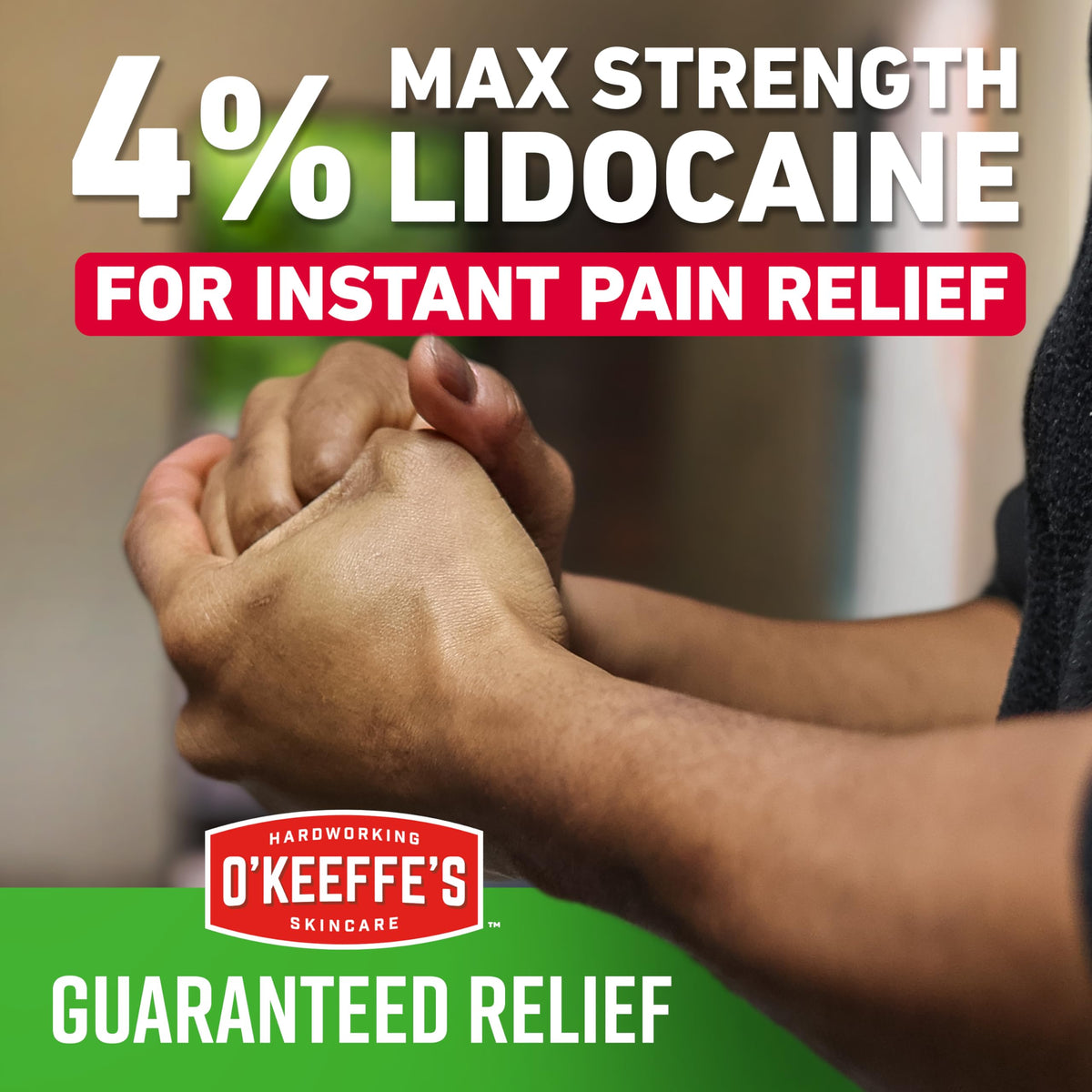 O'Keeffe's lidocaine cream cap area suggests quick access to soothing relief.