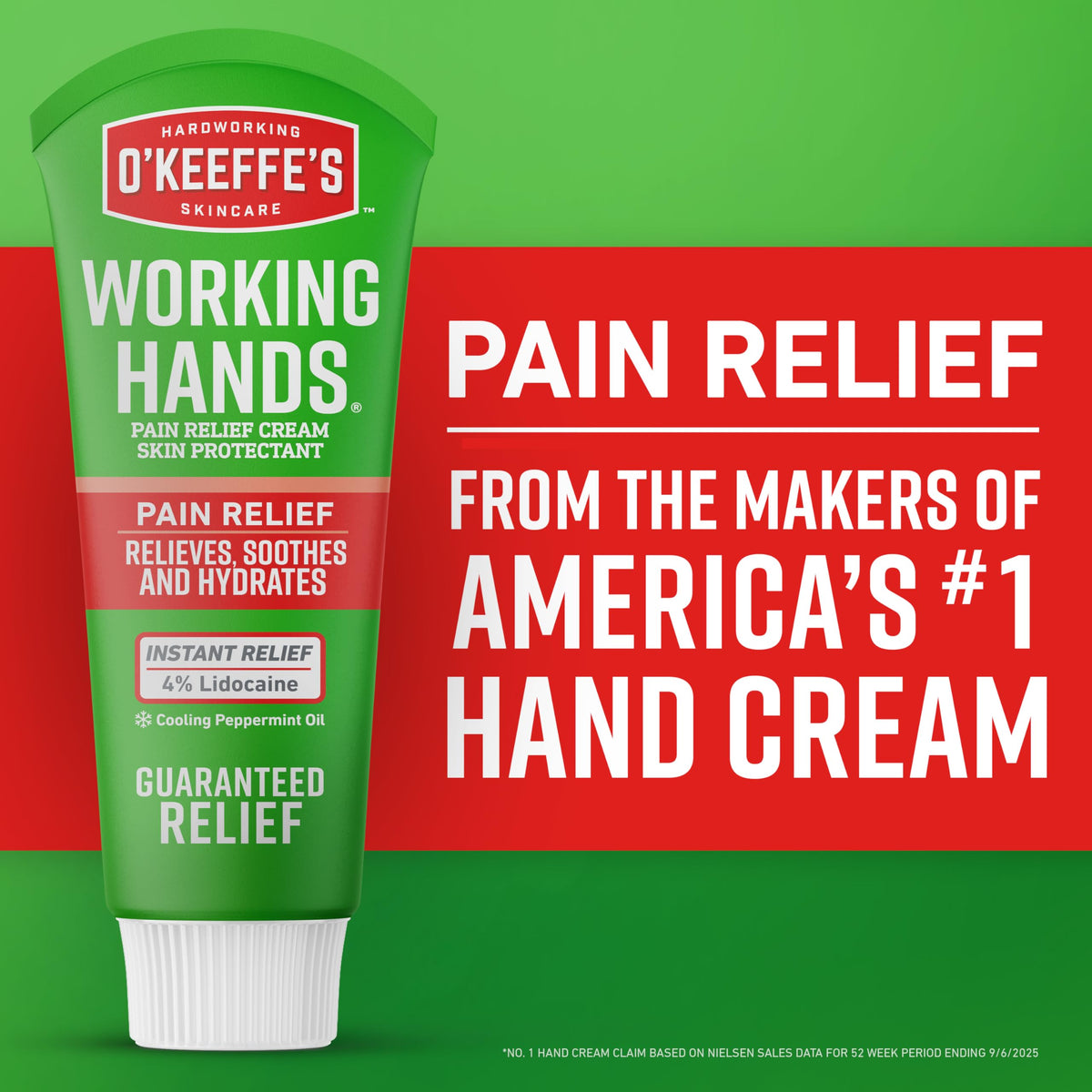 O'Keeffe's Working Hands Pain Relief Cream dispensing shows easy, controlled application.