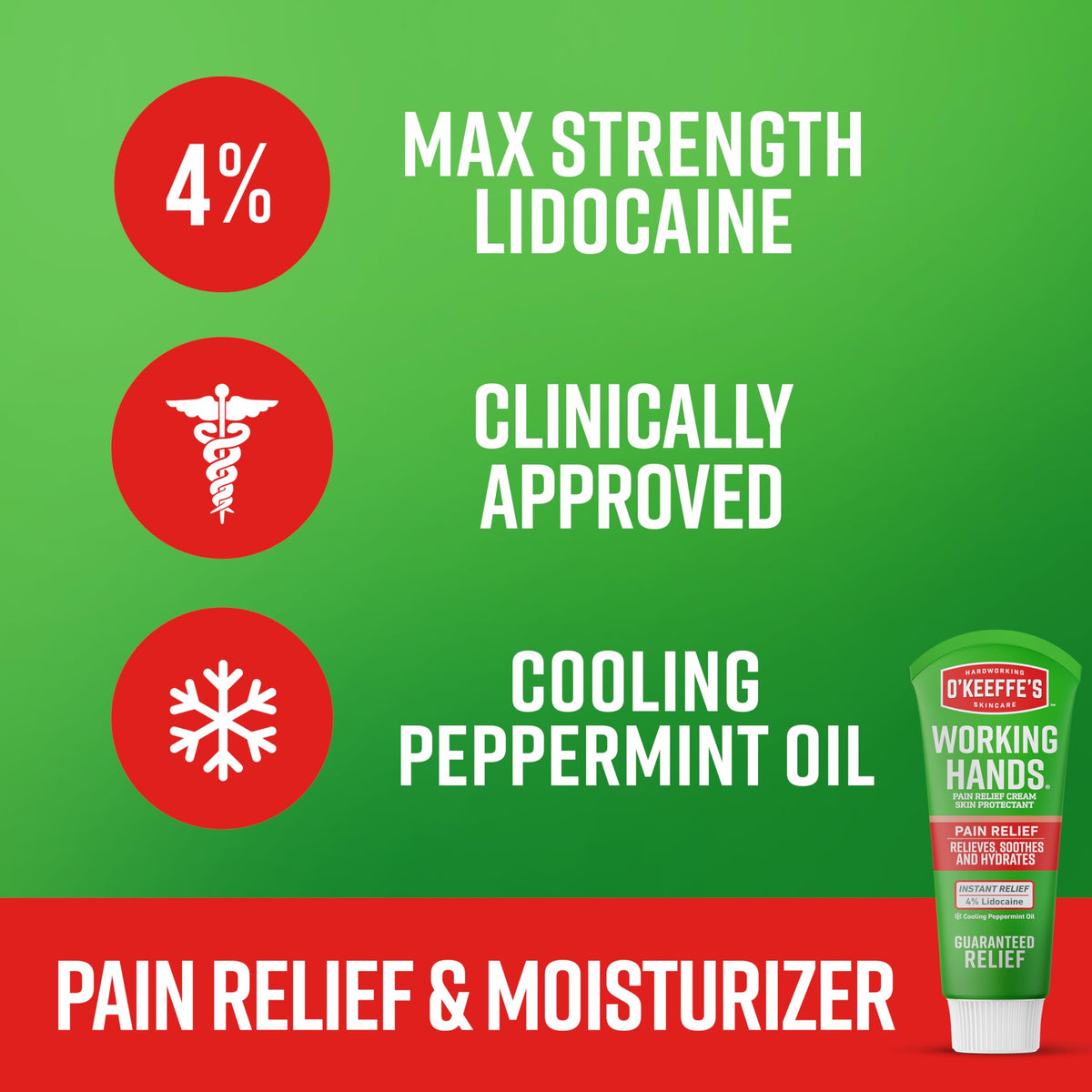 O'Keeffe's Working Hands Pain Relief Cream with 4% lidocaine focuses on targeted relief.