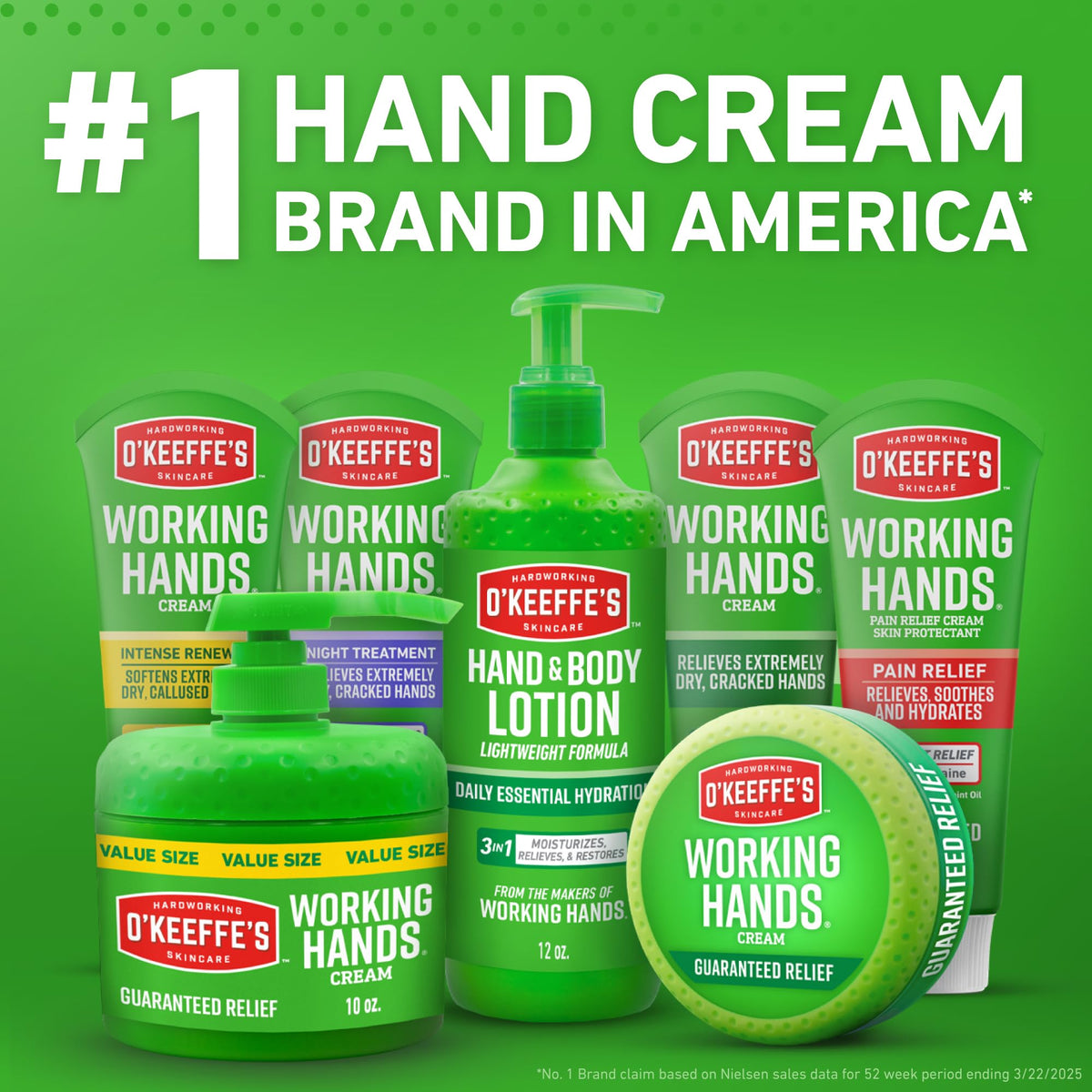 O'Keeffe's Working Hands Pain Relief Cream close-up reveals creamy texture and lidocaine benefit.