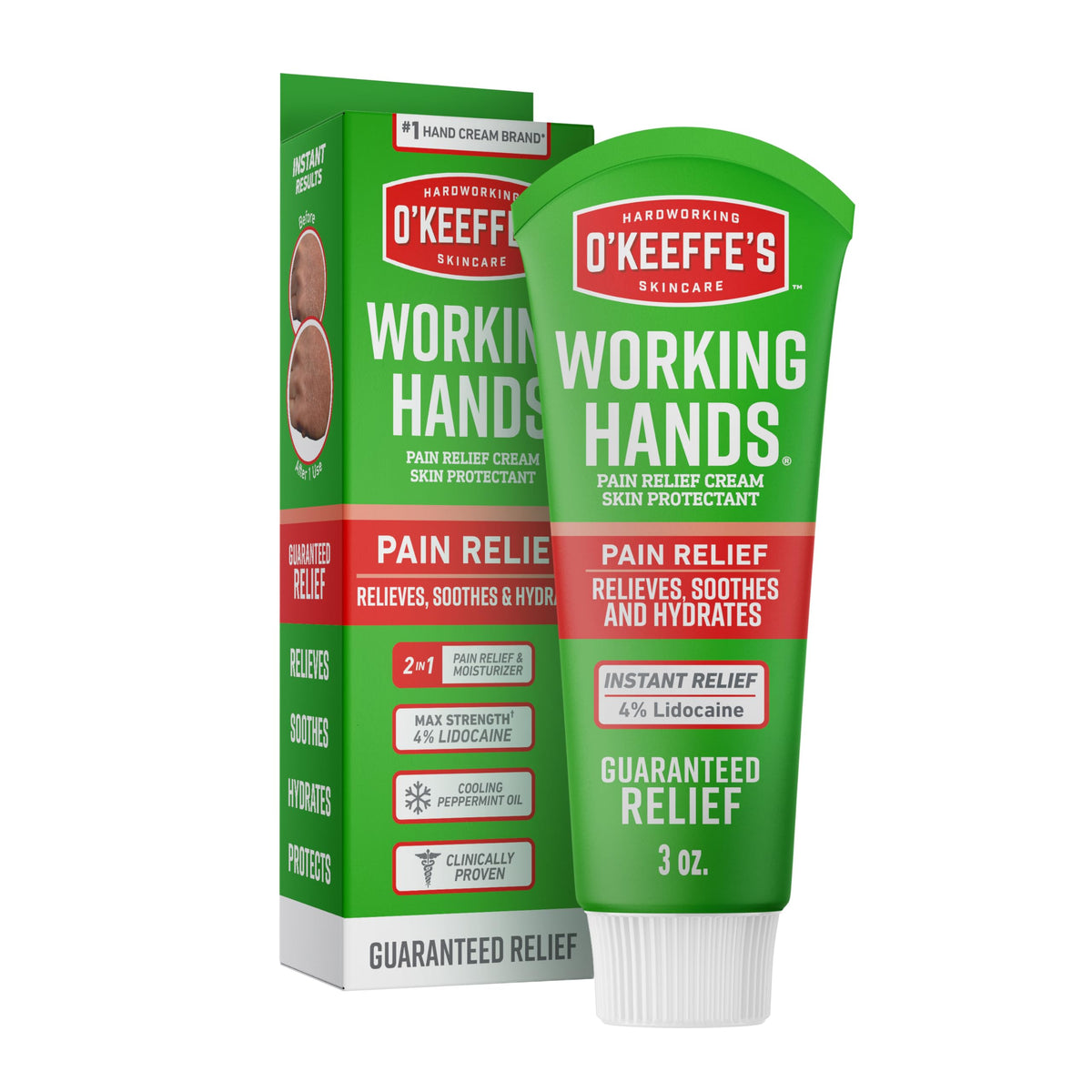 O'Keeffe's Working Hands Pain Relief Cream front label shows medicated relief and moisture.