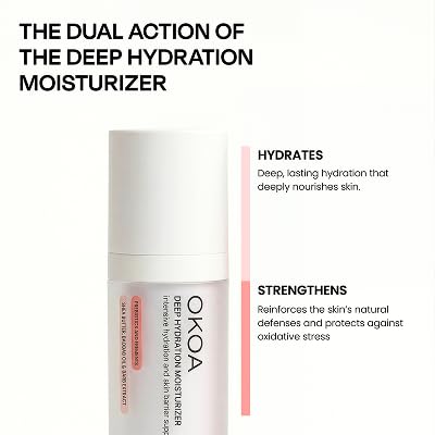 OKOA Skin Deep Hydration Moisturizer bottle on shelf suggests simple daily routine.