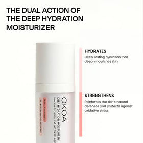 OKOA Skin Deep Hydration Moisturizer bottle on shelf suggests simple daily routine.