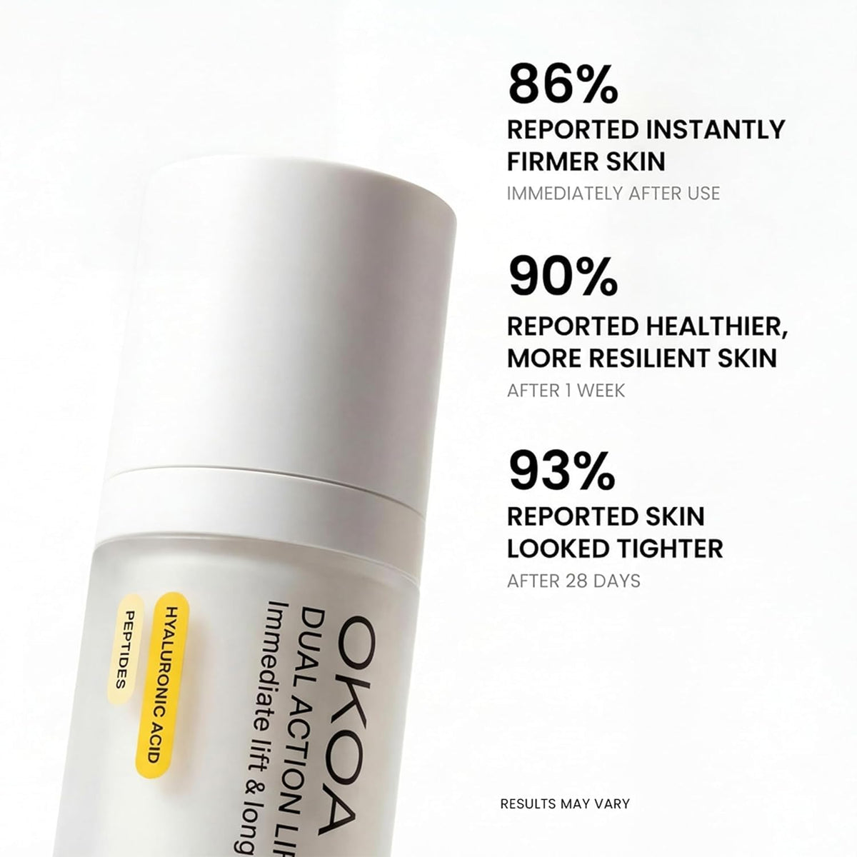 OKOA Skin Dual Action Lifting Cream close-up highlights peptides and botanical extracts for nourishment
