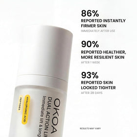 OKOA Skin Dual Action Lifting Cream close-up highlights peptides and botanical extracts for nourishment