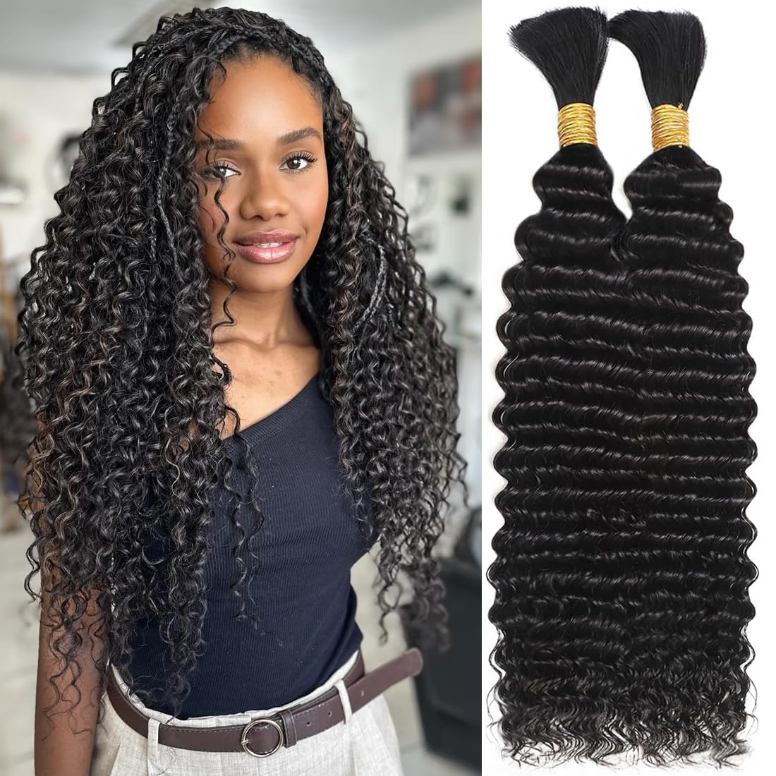 OKVOKV deep wave bulk hair close-up, glossy curls ideal for durable braids.