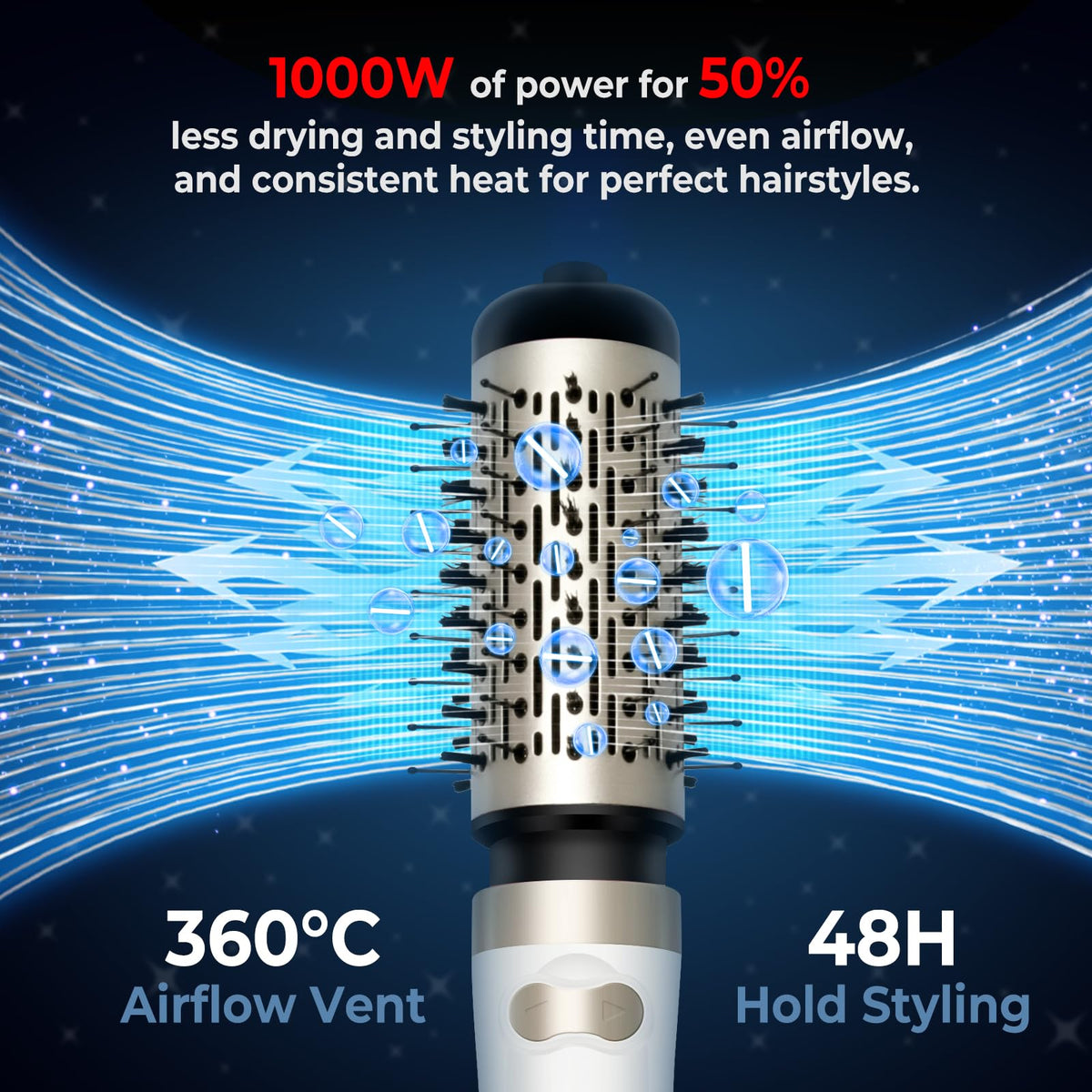 OKWRAP 3-in-1 hot air brush blends drying, curling, and straightening.