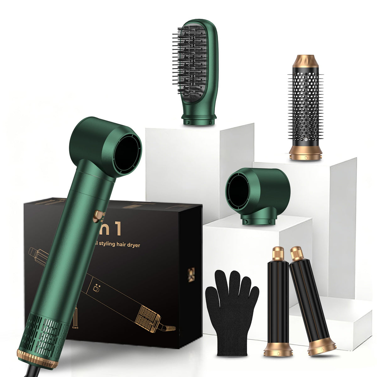 OKWRAP Blow Dryer Brush 5-in-1 set shown with attachments for versatile styling and drying
