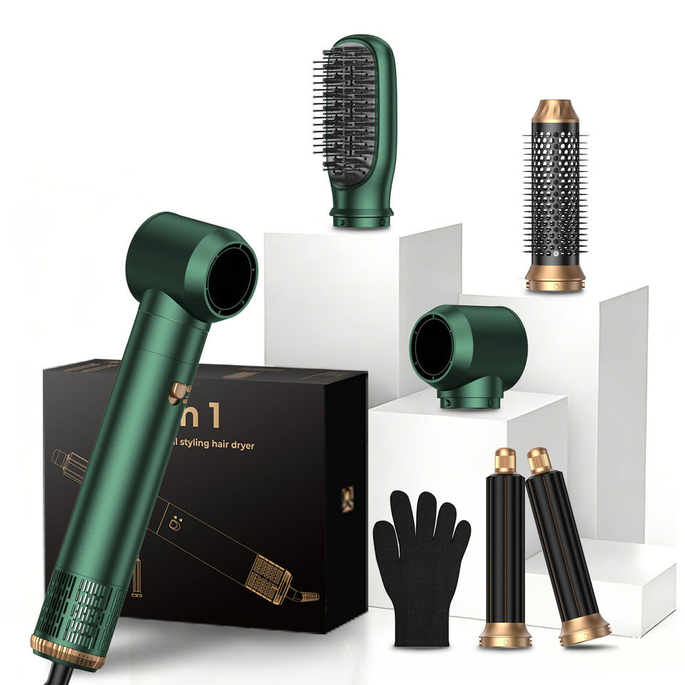OKWRAP Blow Dryer Brush 5-in-1 set shown with attachments for versatile styling and drying