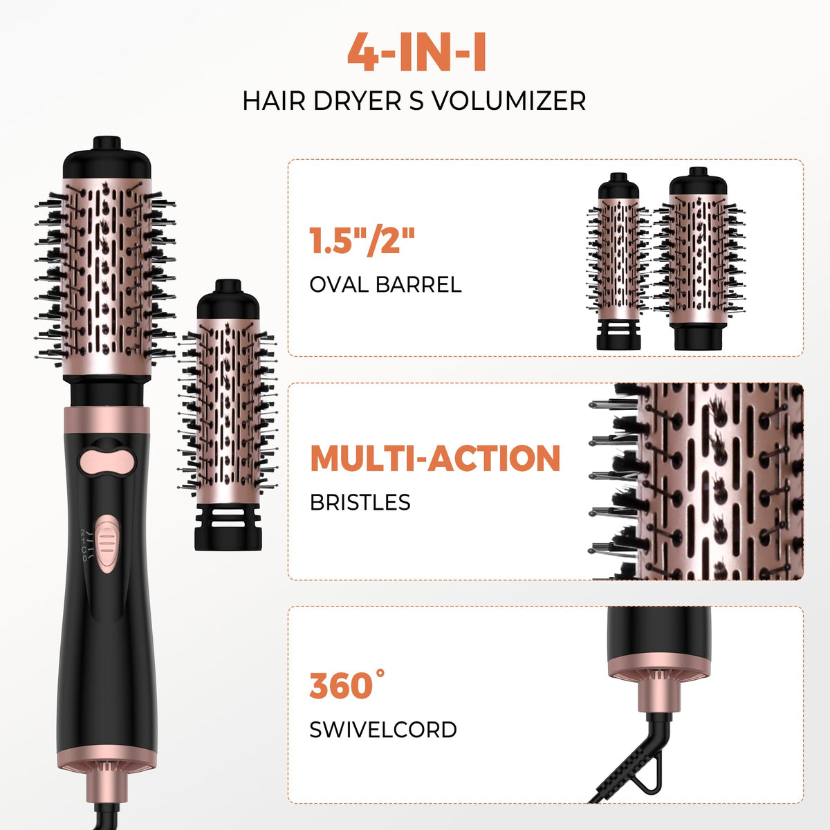 OKWRAP detachable brushes in 1.5 and 2 inches enable curls or straight styles.