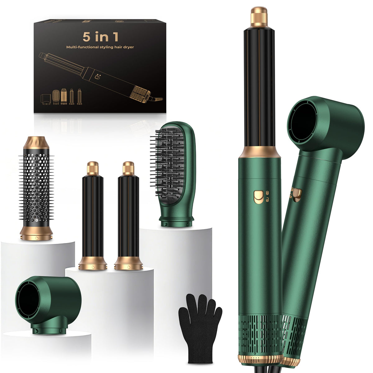 OKWRAP 5-in-1 hair dryer brush set packaging highlights versatile styling options.