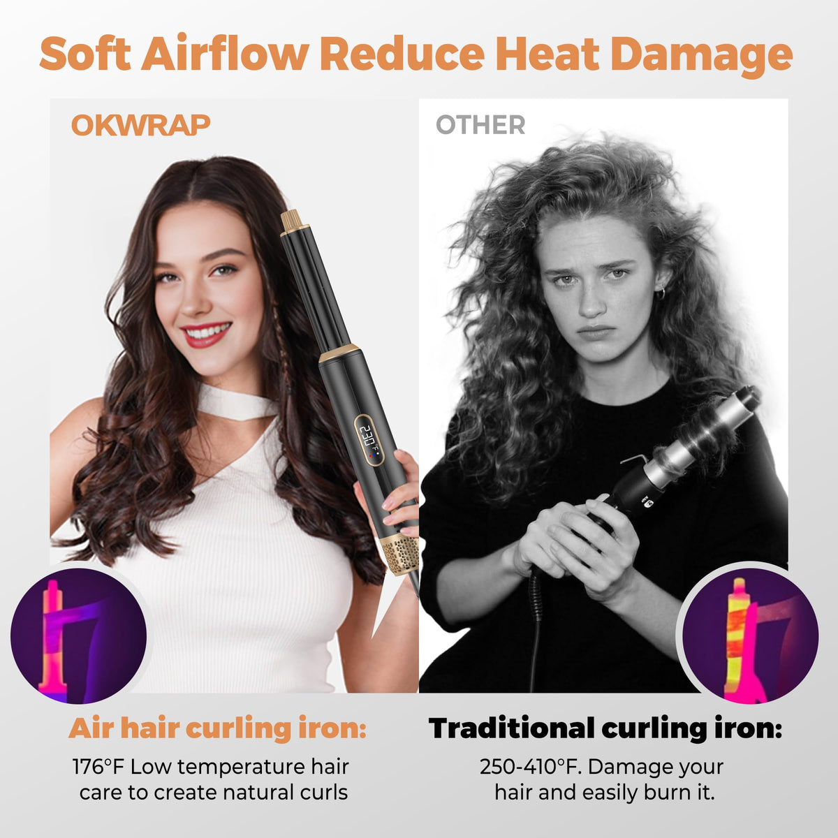 OKWRAP three-level heat settings for tailored styling