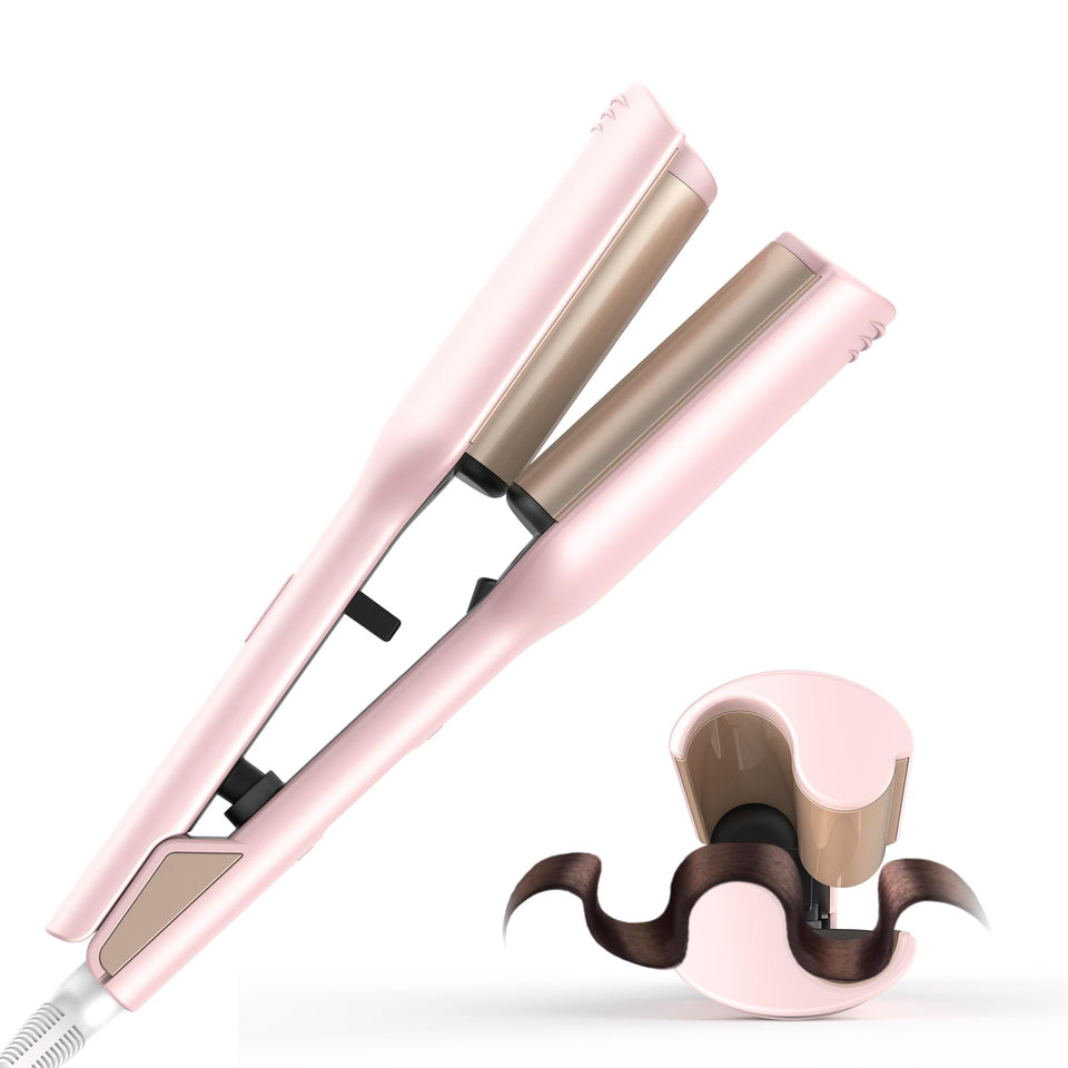 OKWRAP Waver hair tool pink ceramic 2-barrel close-up for smooth, defined waves
