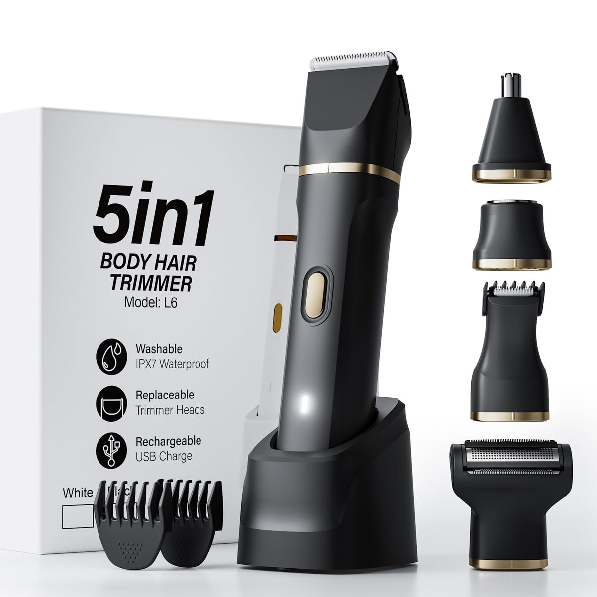 OKYUK 5-in-1 bikini trimmer heads enable precise, gentle grooming on multiple body areas.