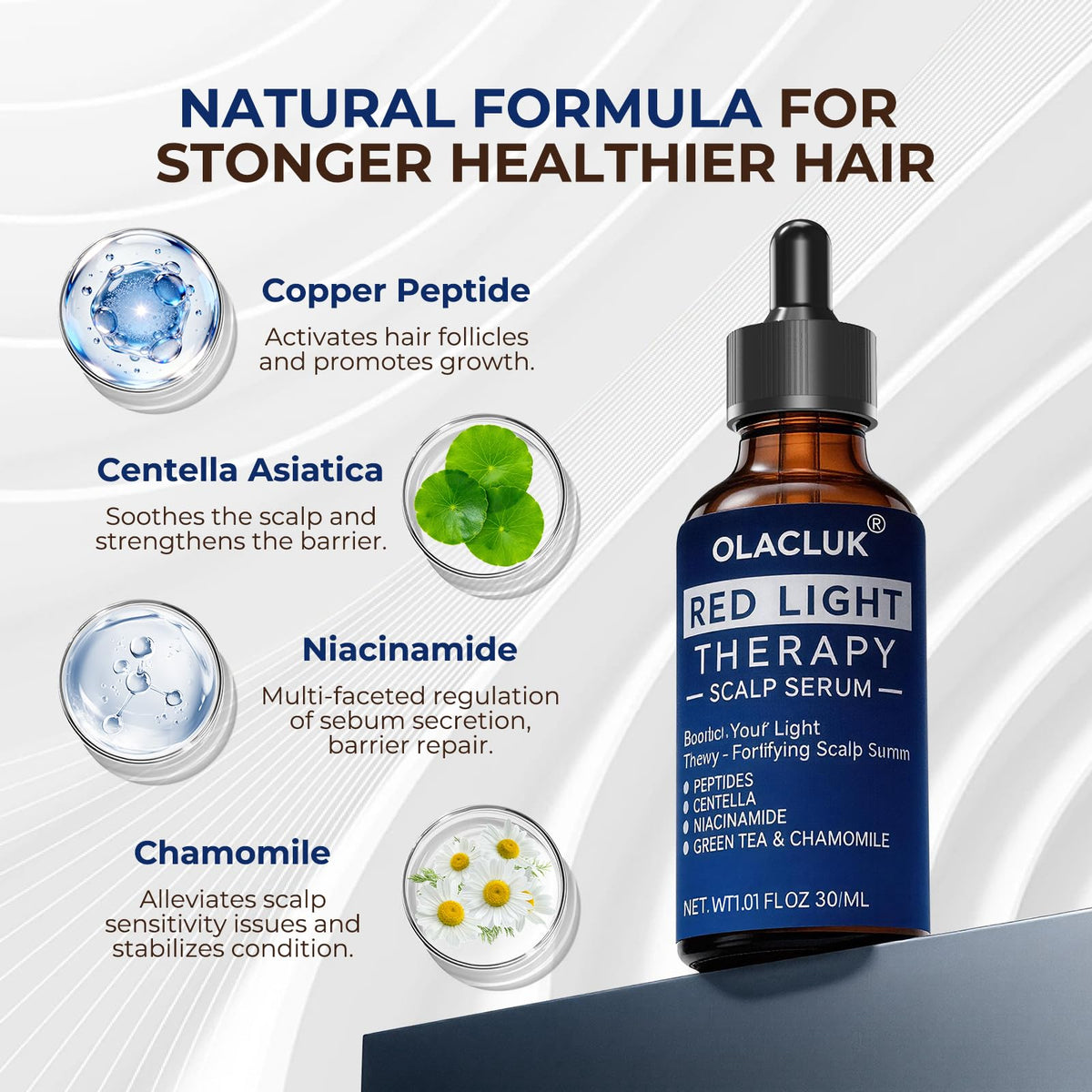 OLACLUK Copper-peptide scalp serum application demonstrating scalp massage for absorption.