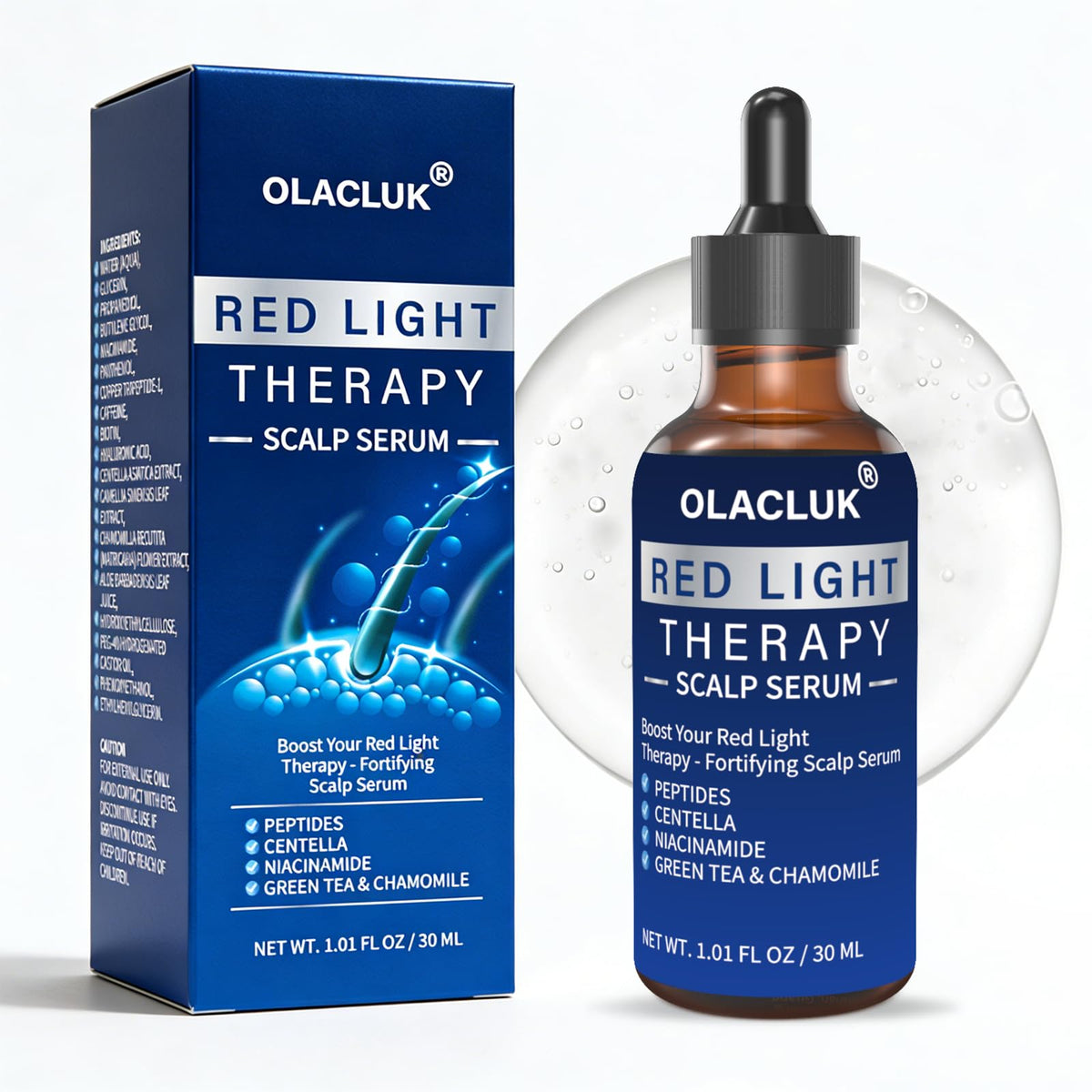 OLACLUK Red Light Therapy Serum bottle showing device compatibility for fuller hair.