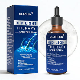 OLACLUK Red Light Therapy Serum bottle showing device compatibility for fuller hair.