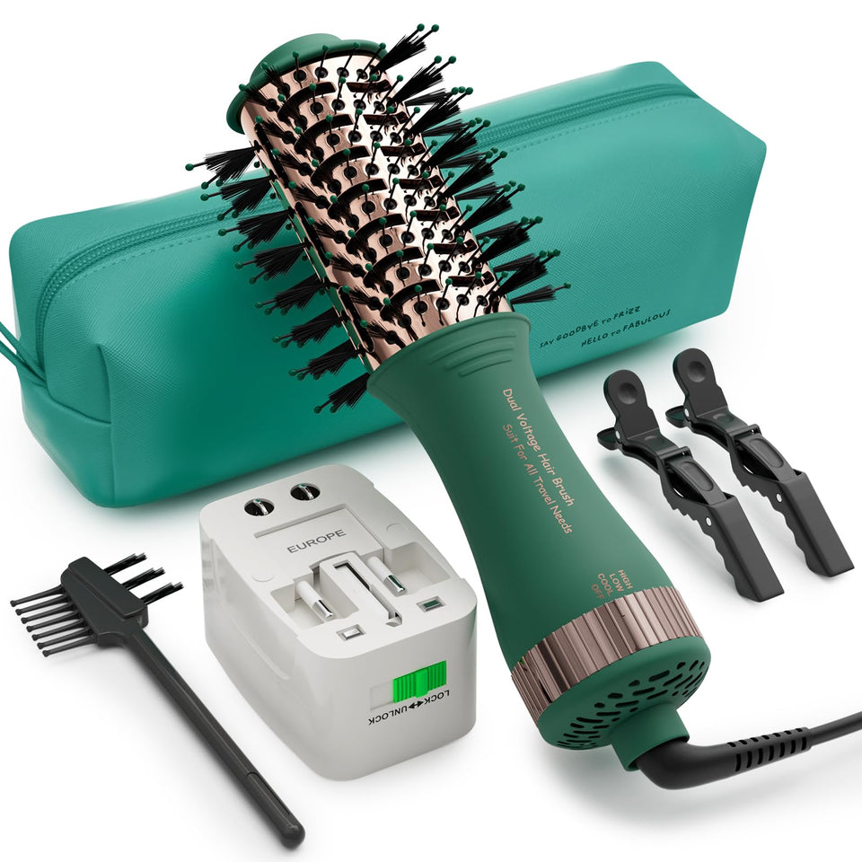 Olaermoso dual voltage travel hair dryer brush for worldwide styling convenience.