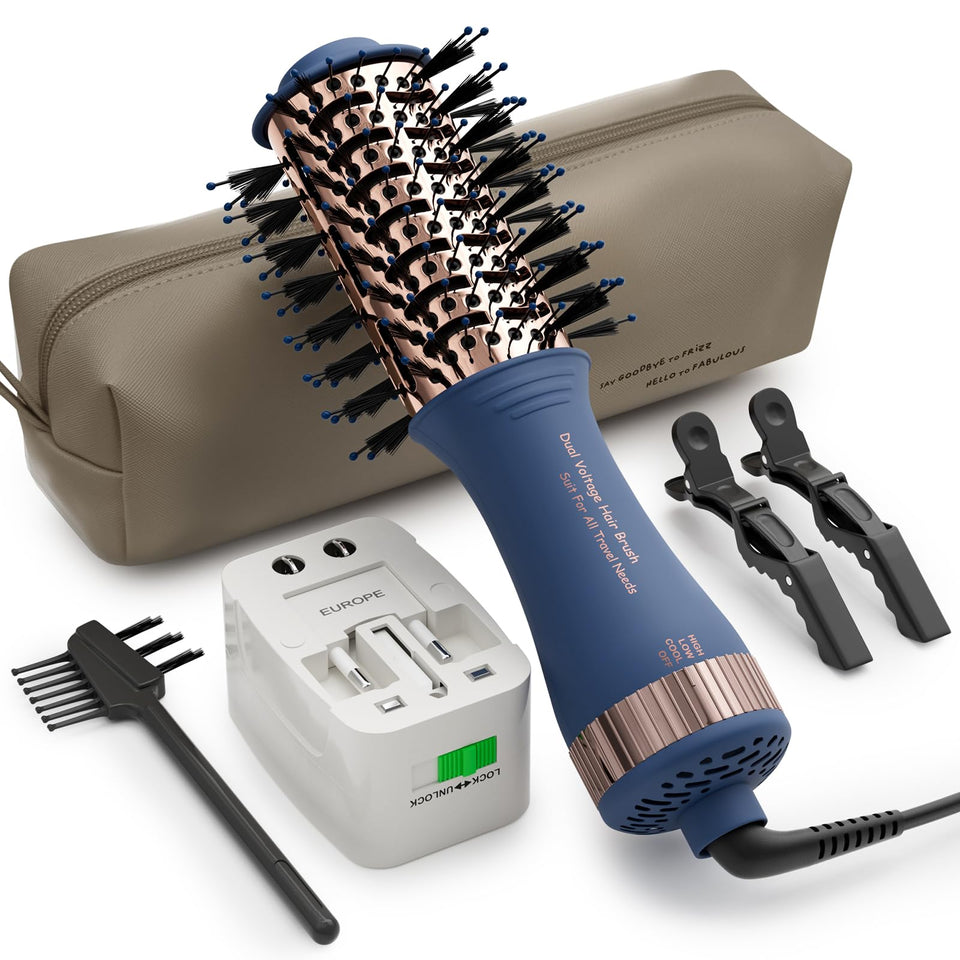 Olaermoso dual voltage travel hair dryer brush ready for worldwide styling