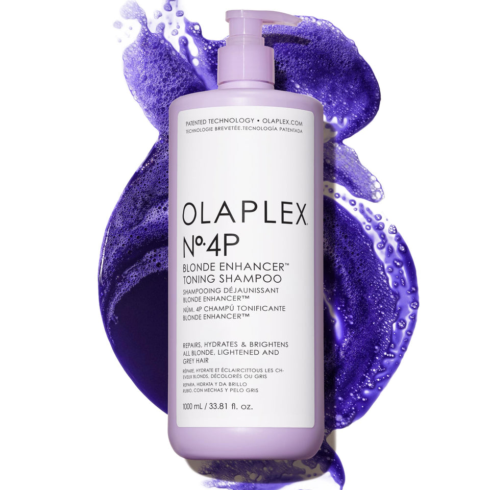 Olaplex Nº.4P bottle showing purple toning for brighter blonde hair.