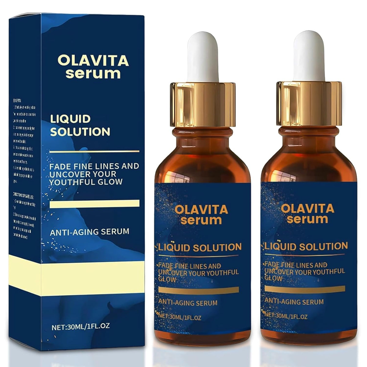 Olavita Serum bottle close-up showing premium packaging and smoother skin.