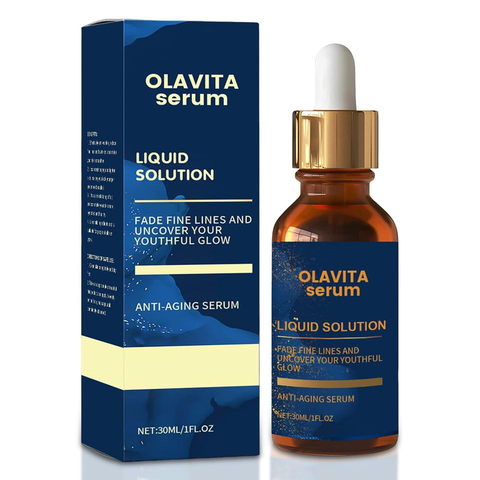 Olavita Serum bottle closeup showing premium packaging and clear liquid.