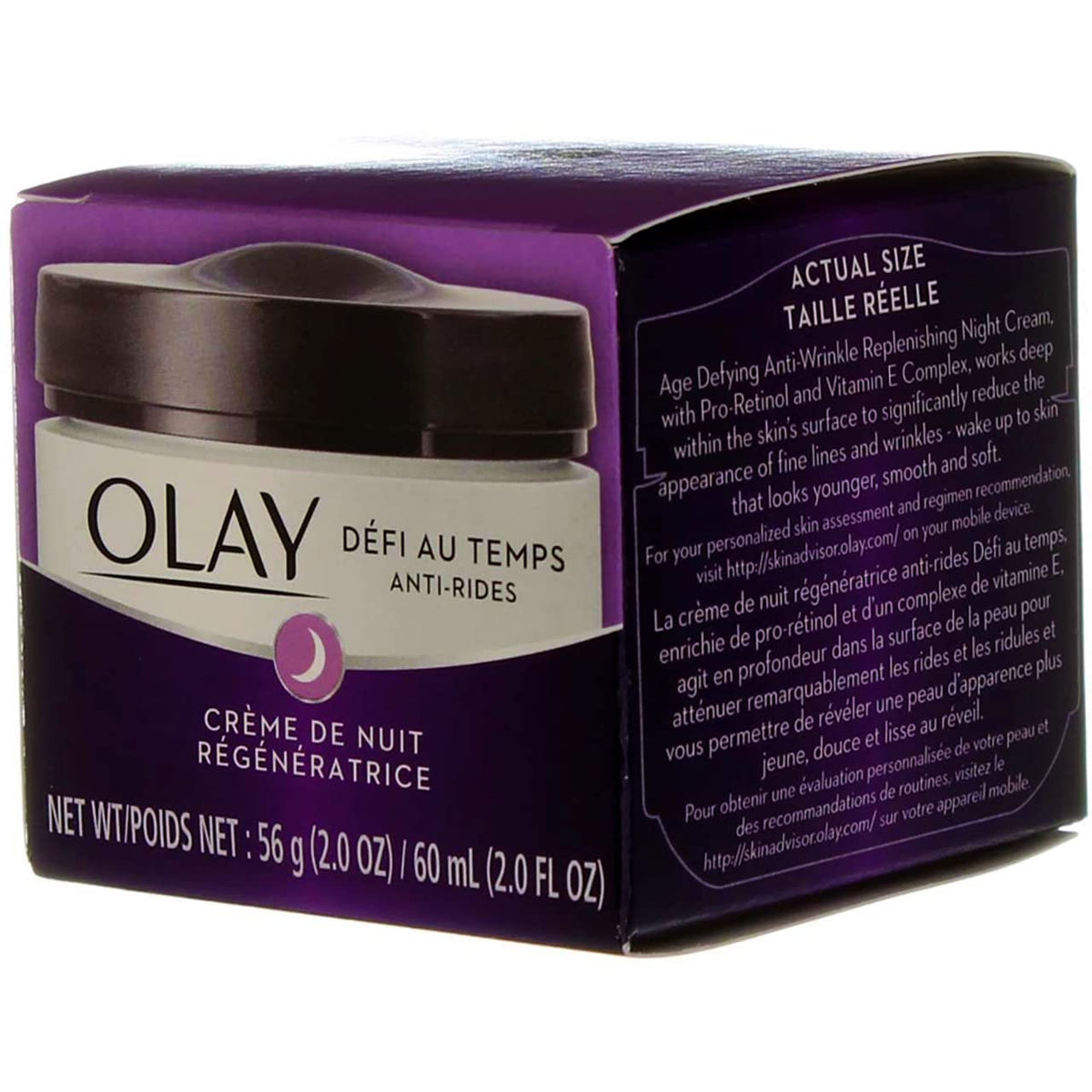 Olay cream swatch emphasizes vitamins E, B3 and B5.