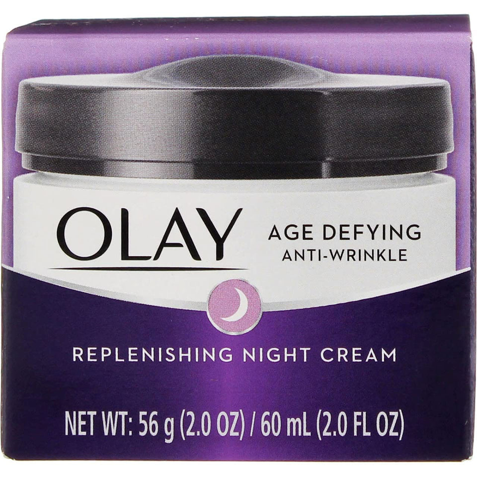 Olay Age Defying Night Cream jar with rich texture for overnight hydration.