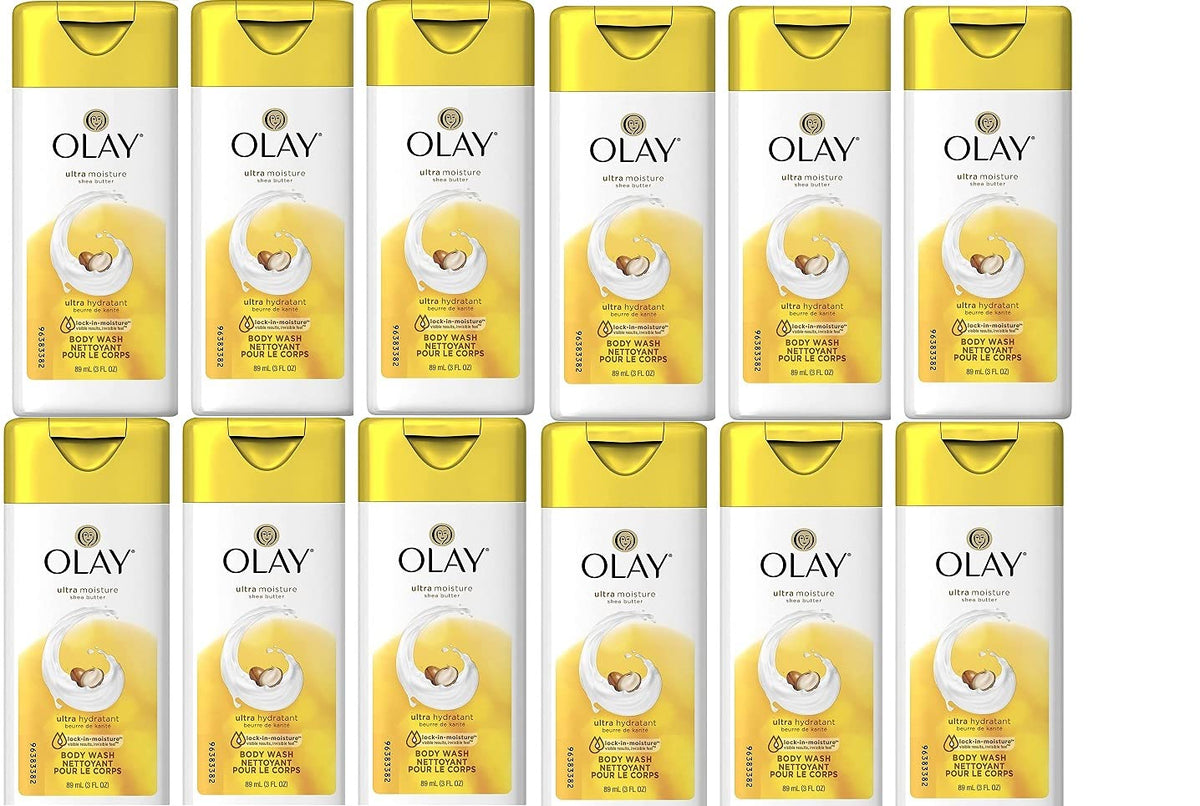 Olay Body Wash Moisture Shea Butter travel-size bottle for soft skin on the go