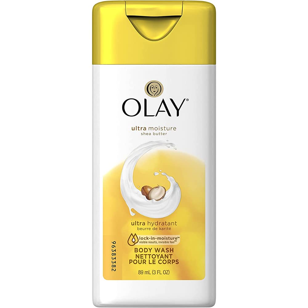 Olay Body Wash packaging close-up highlighting travel-friendly design and Shea Butter