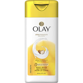 Olay Body Wash packaging close-up highlighting travel-friendly design and Shea Butter