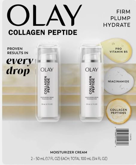OLAY Collagen Peptide 24 cream tube close-up showing fragrance-free formula for daily hydration.