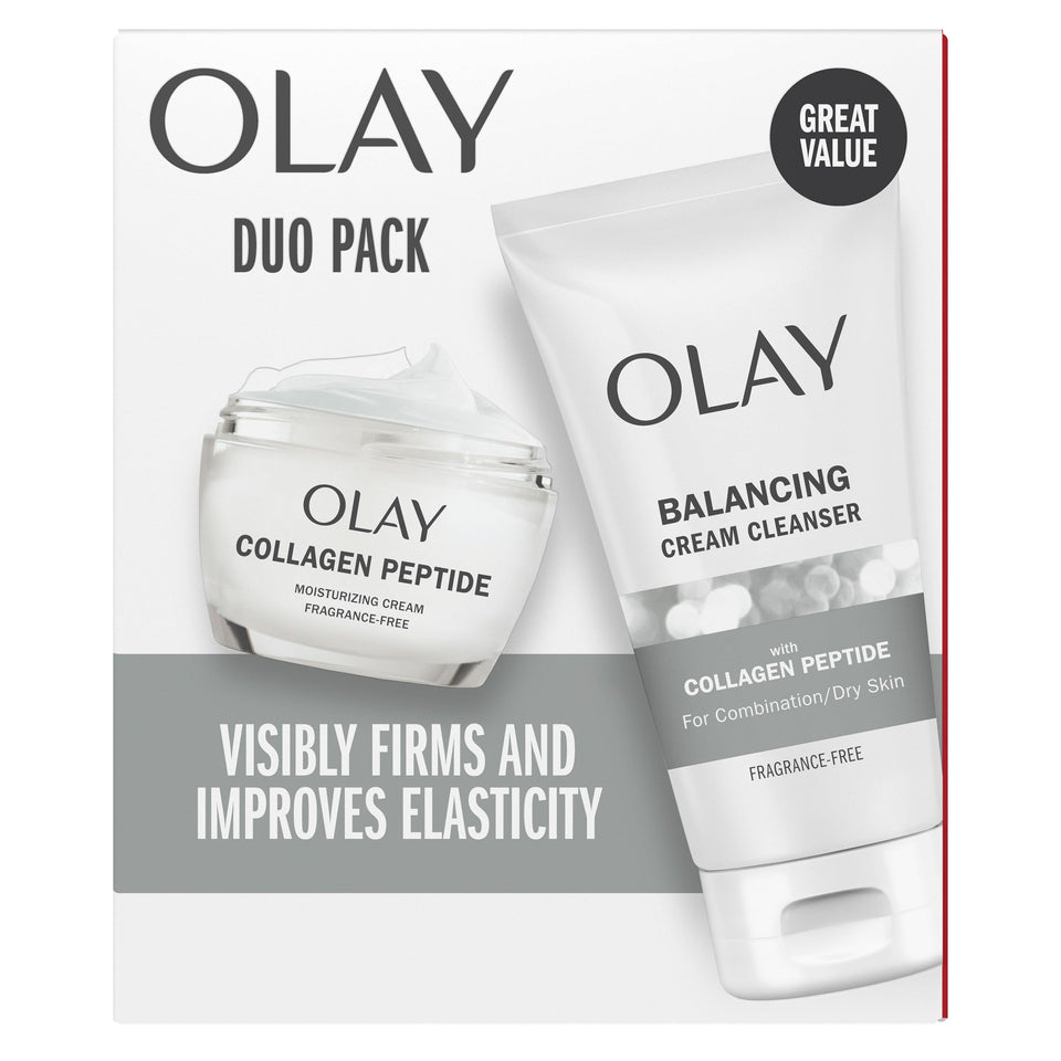 Olay Collagen Peptide Duo set: fragrance-free cleanser and moisturizer for daily hydration on normal skin