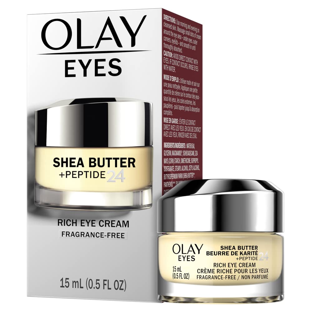 Olay Eyes Shea Butter+Peptide 24 bottle showcasing fragrance-free formula for sensitive skin