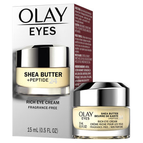 Olay Eyes Shea Butter+Peptide 24 bottle showcasing fragrance-free formula for sensitive skin