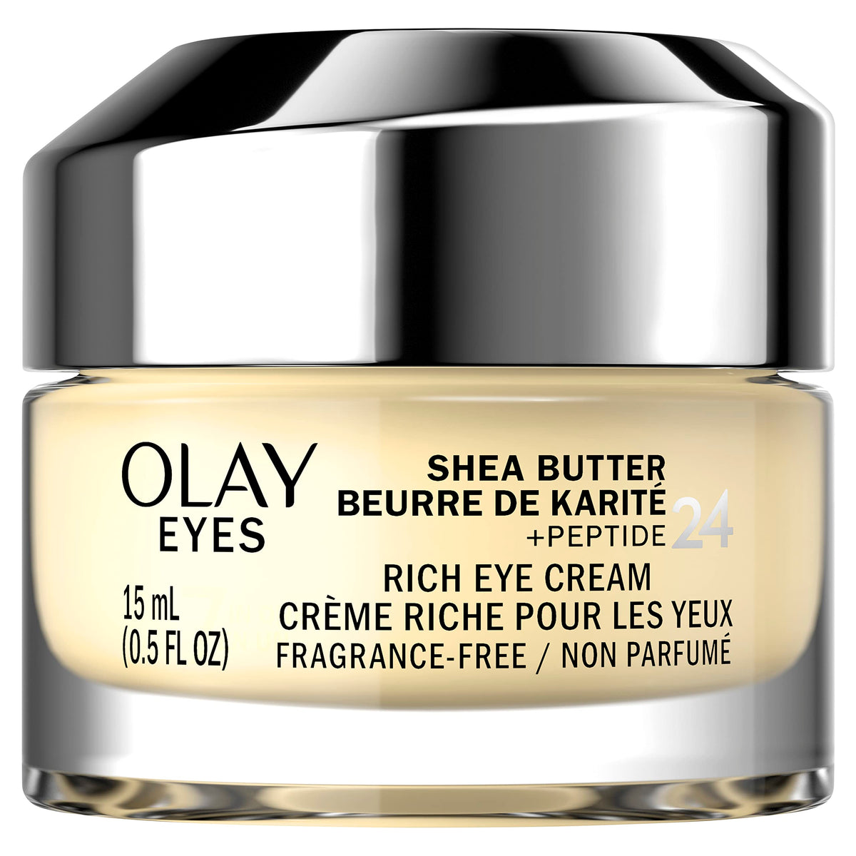 Olay Eyes Shea Butter+Peptide 24 rich eye cream jar showing rich texture for hydration