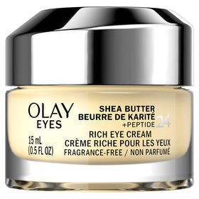 Olay Eyes Shea Butter+Peptide 24 rich eye cream jar showing rich texture for hydration