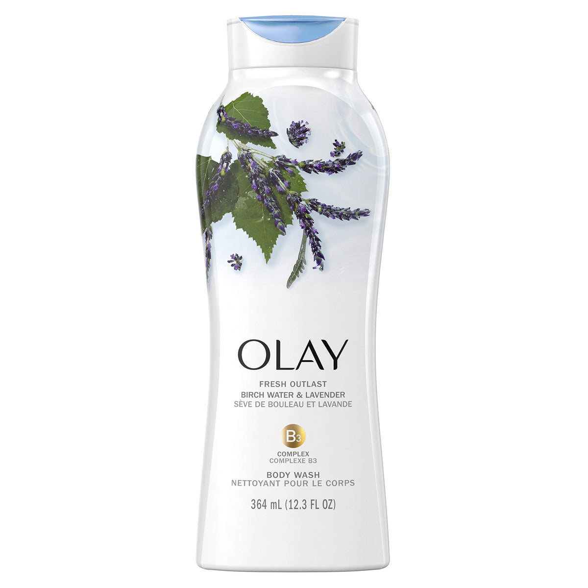 Olay Fresh Outlast Birch Water & Lavender bottle promotes a hydrating shower ritual.