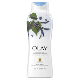 Olay Fresh Outlast Birch Water & Lavender bottle promotes a hydrating shower ritual.