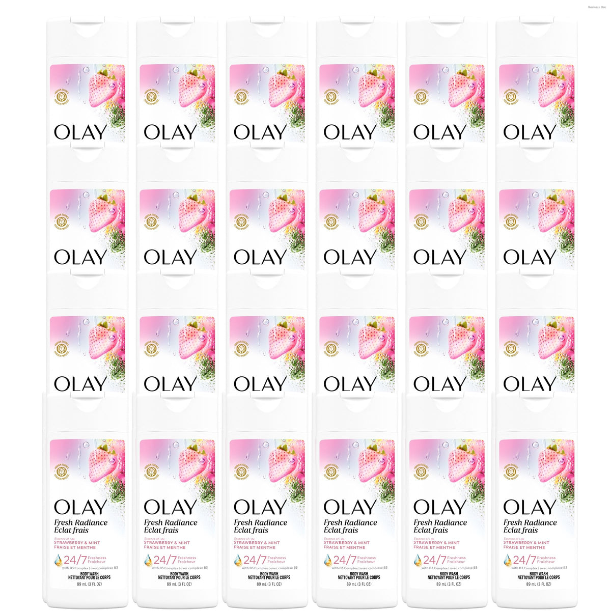 Olay Fresh Outlast bottle with White Strawberry and Mint aroma for a refreshing shower.
