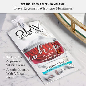 Olay Gift Set packaging and contents, fragrance-free travel-size skincare for on-the-go routines.