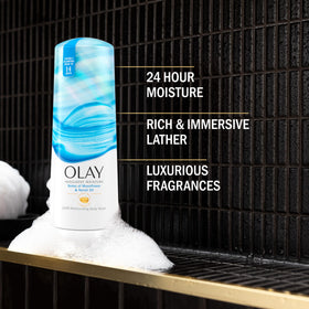 Olay Indulgent Moisture Body Wash pump lather for a luxurious cleansing experience.