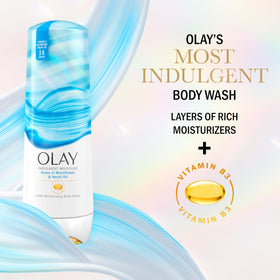 Olay Indulgent Moisture Body Wash bottle side view shows premium design.
