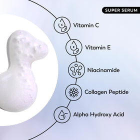 OLAY serum close-up highlighting Niacinamide and Vitamin C ingredients.