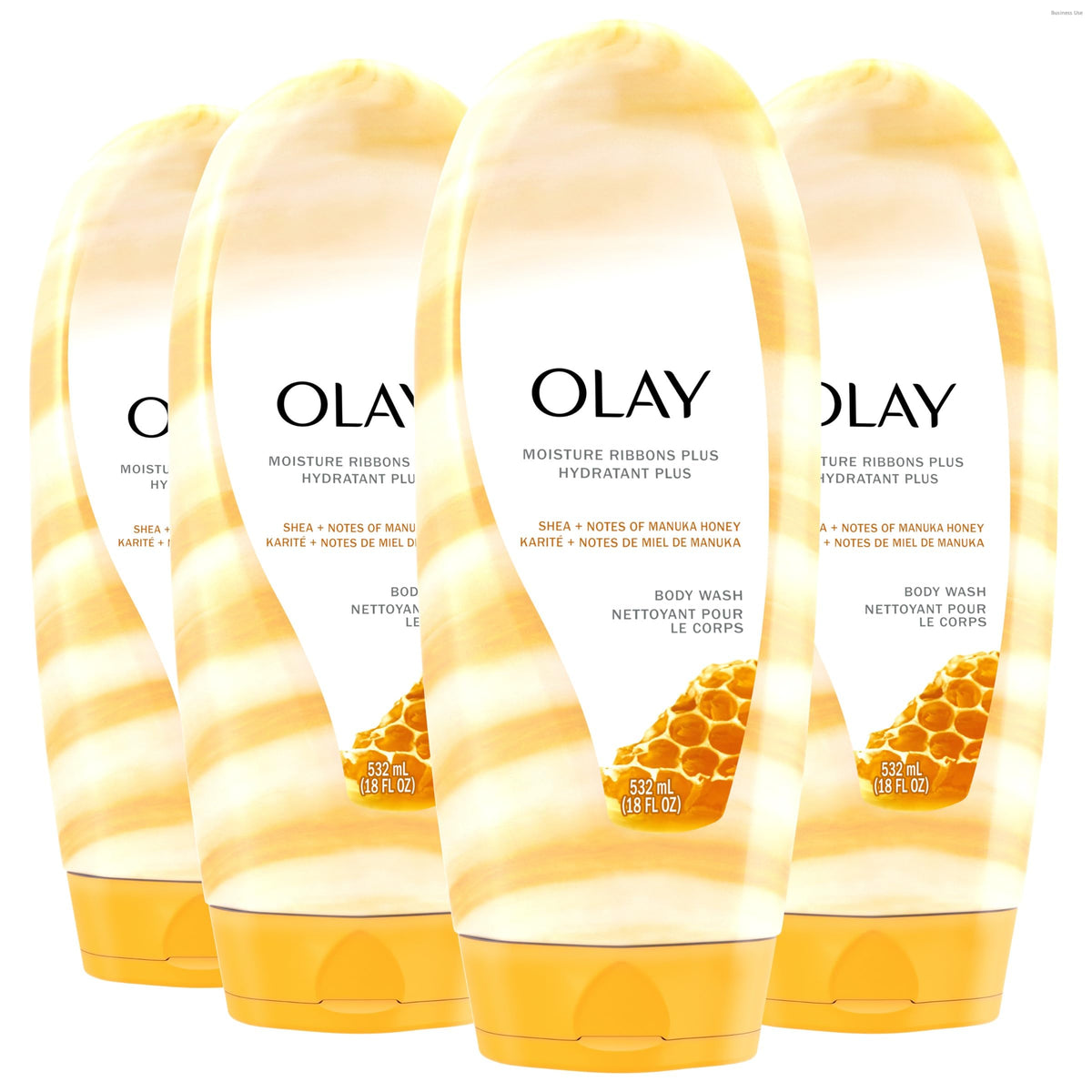 Olay Moisture Ribbons Plus bottle pouring lush lather for soft skin.