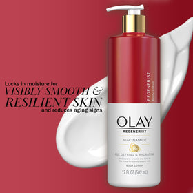 Niacinamide collection display featuring Olay hydration products.